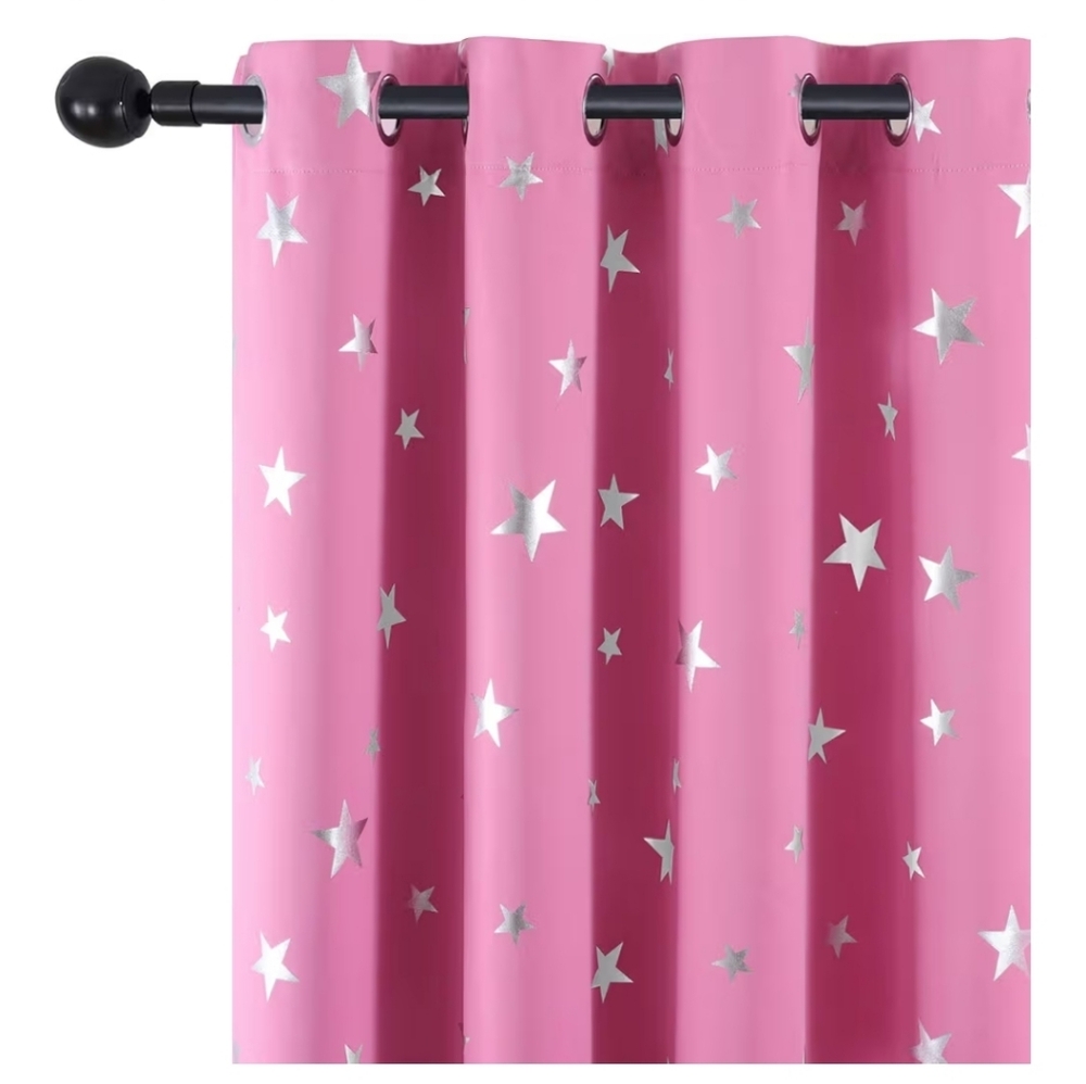 Baby Pink Blackout Curtains With Shiny Silver Star 38W X 63L